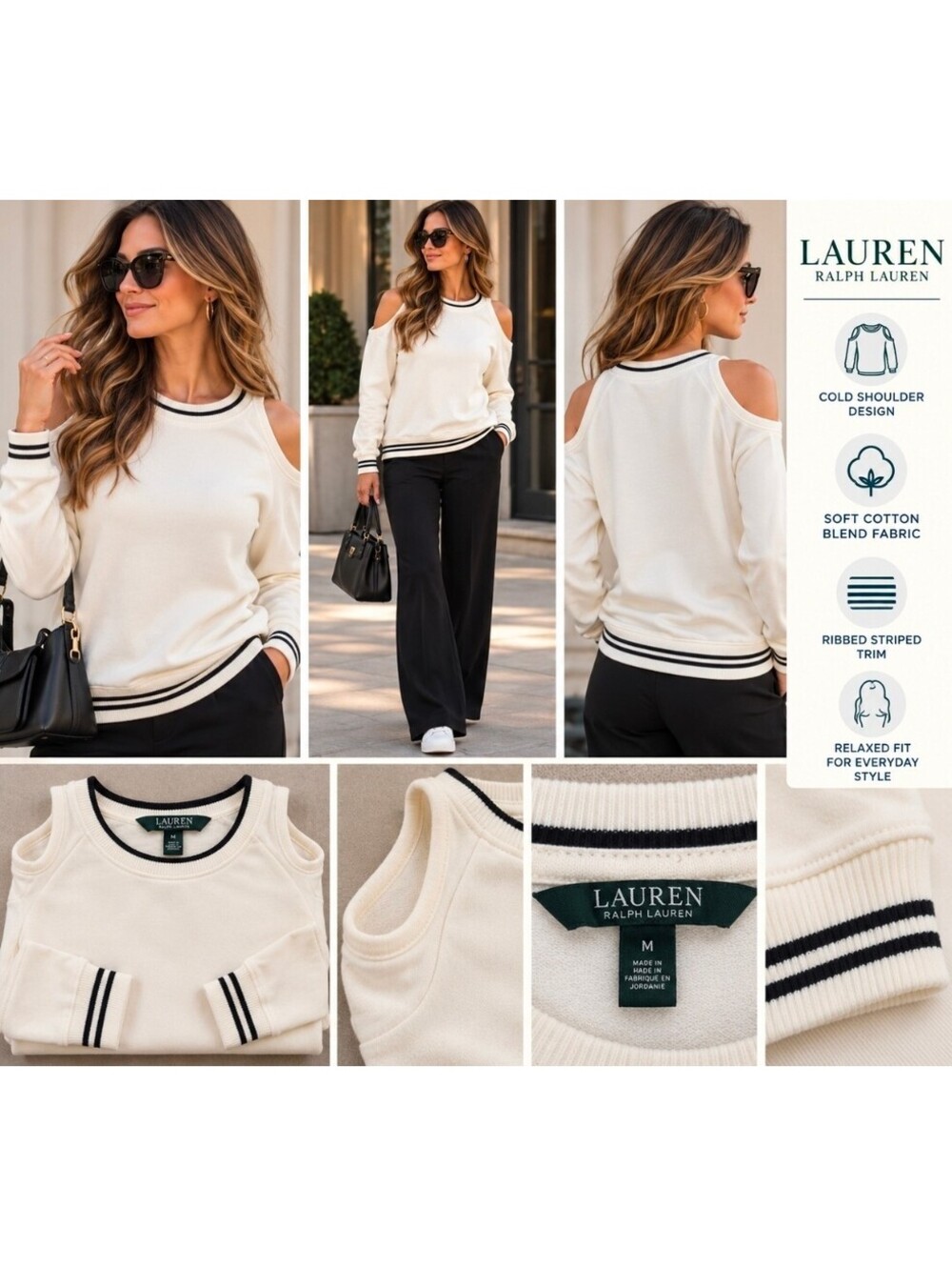 Lauren Ralph Lauren Cold Shoulder Sweatshirt Women M Cream Black Striped Preppy